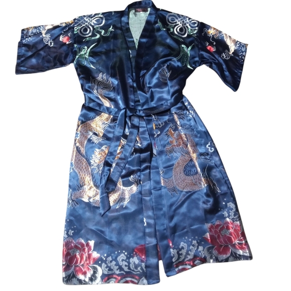 Dragon Print Duster Kimono Robe Tie Waist Longline Jacket Boho Oriental Style XL - Picture 2 of 10
